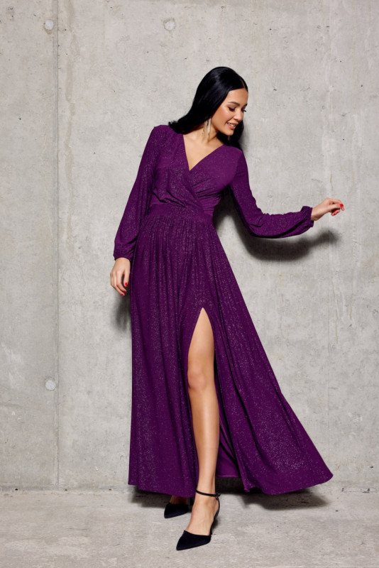 Rochie maxi brocart cu mâneci lungi în violet episcopal
