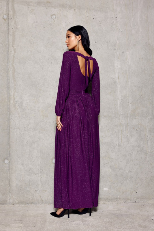 Rochie maxi brocart cu mâneci lungi în violet episcopal