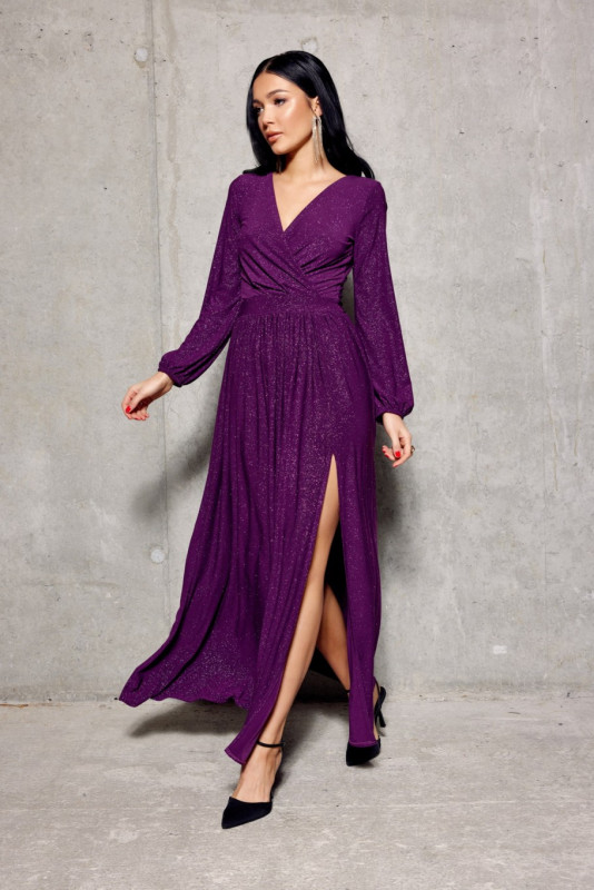 Rochie maxi brocart cu mâneci lungi în violet episcopal