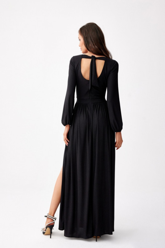 Rochie maxi neagră brocart cu mâneci lungi