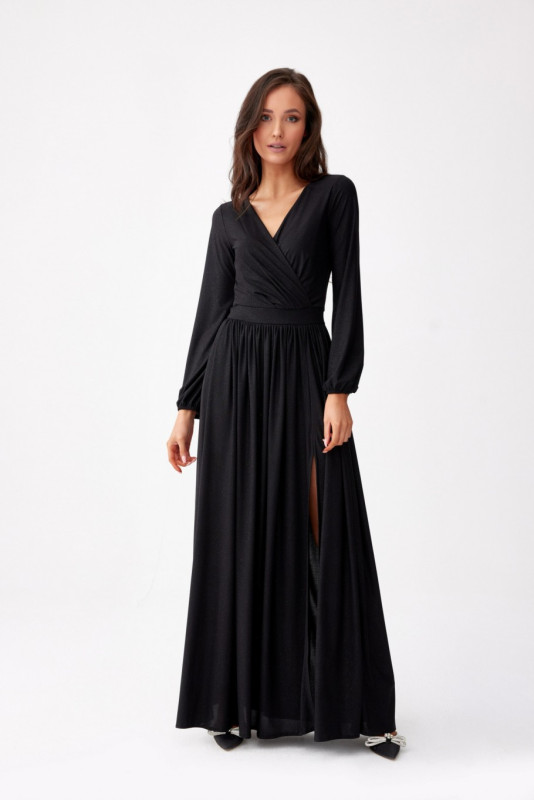 Rochie maxi neagră brocart cu mâneci lungi