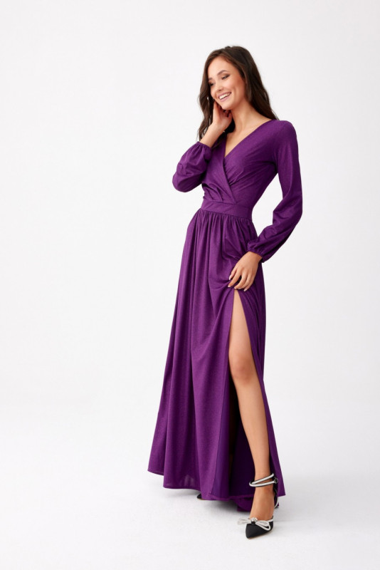 Rochie maxi brocart cu mâneci lungi în violet episcopal
