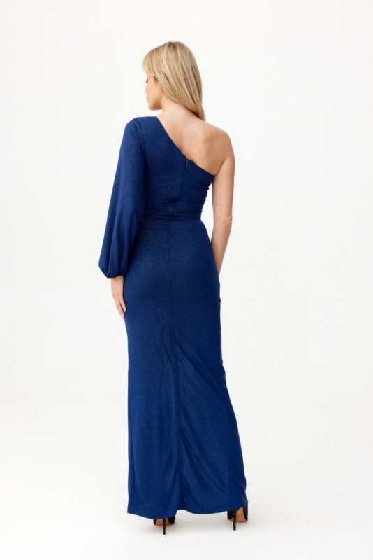 Rochie maxi brocart cu o mânecă, albastru închis