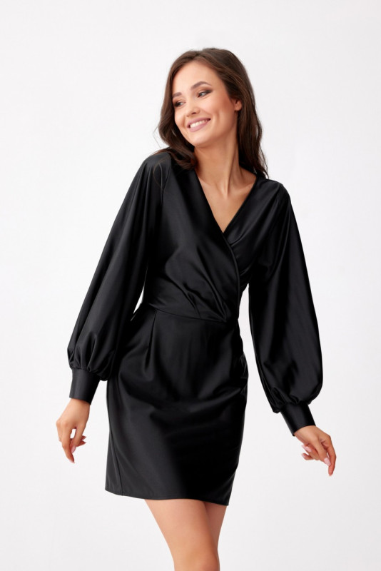 Rochie mini din satin cu mâneci lungi, neagră