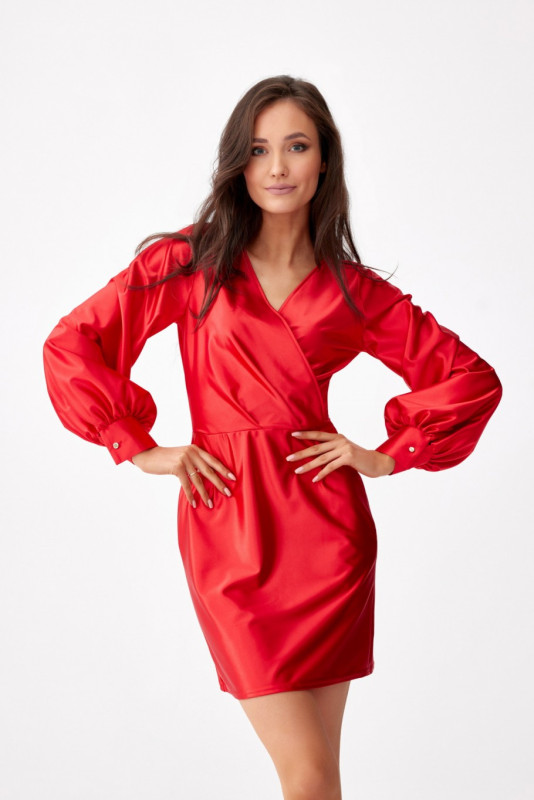 Rochie mini din satin cu mâneci lungi, roșie