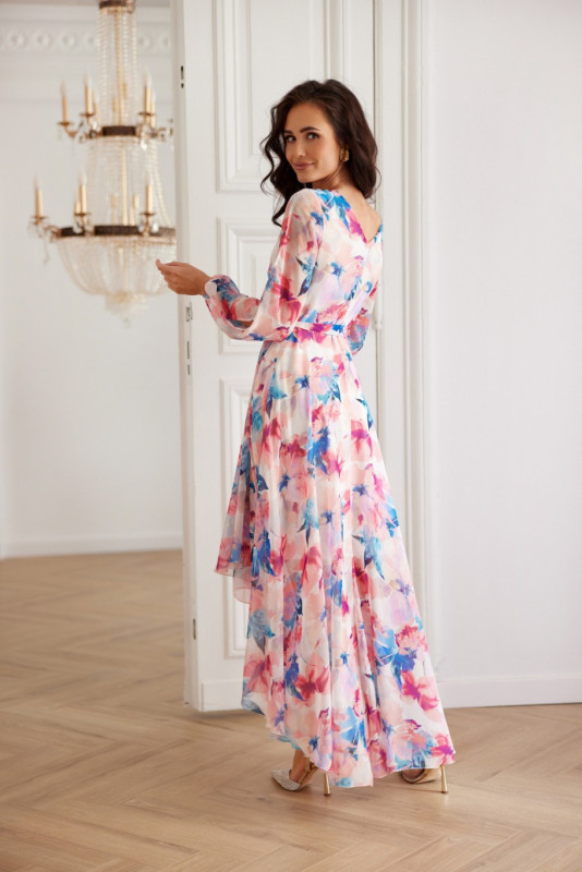 Rochie midi roz din șifon cu legare în talie