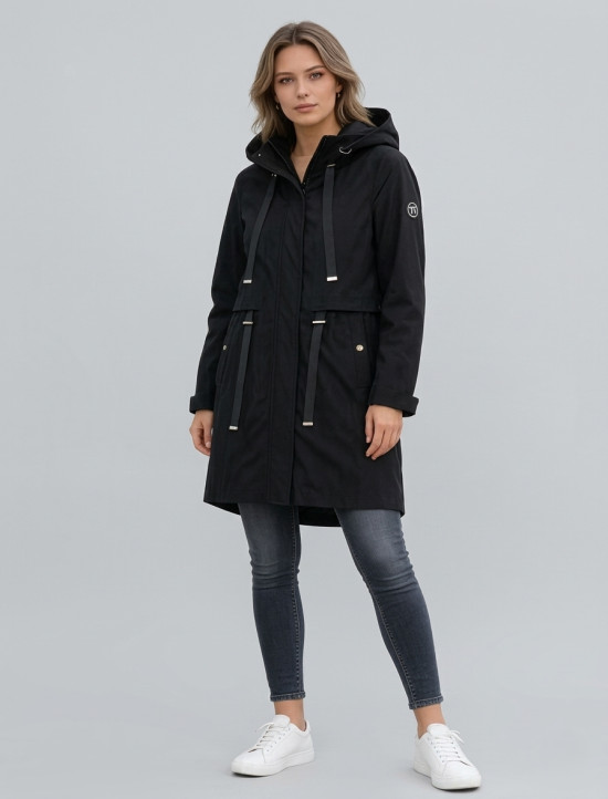 Parka neagră de primăvară cu glugă mare