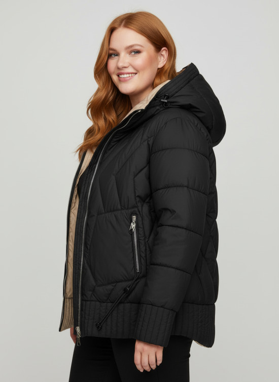 Geacă de damă reversibilă cu glugă neagră/bej