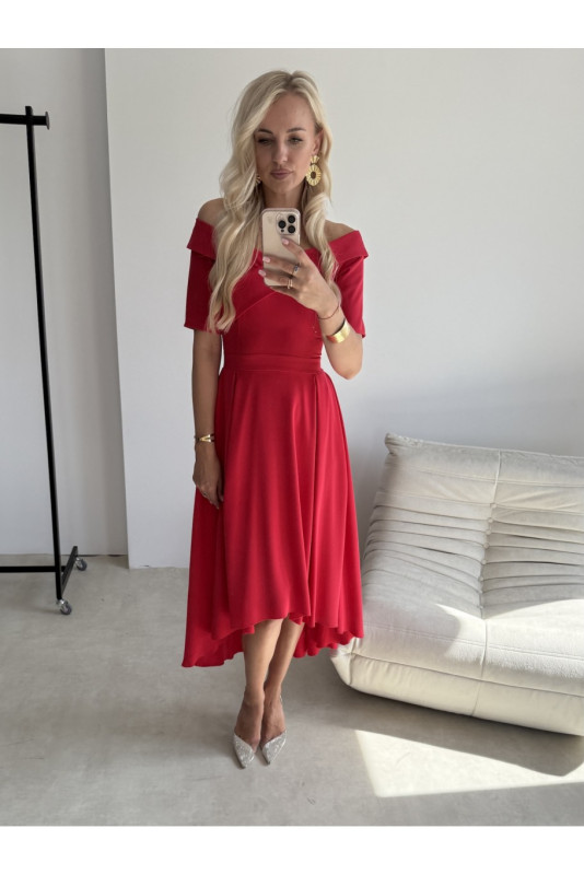 Rochie midi roșie cu decolteu asimetric