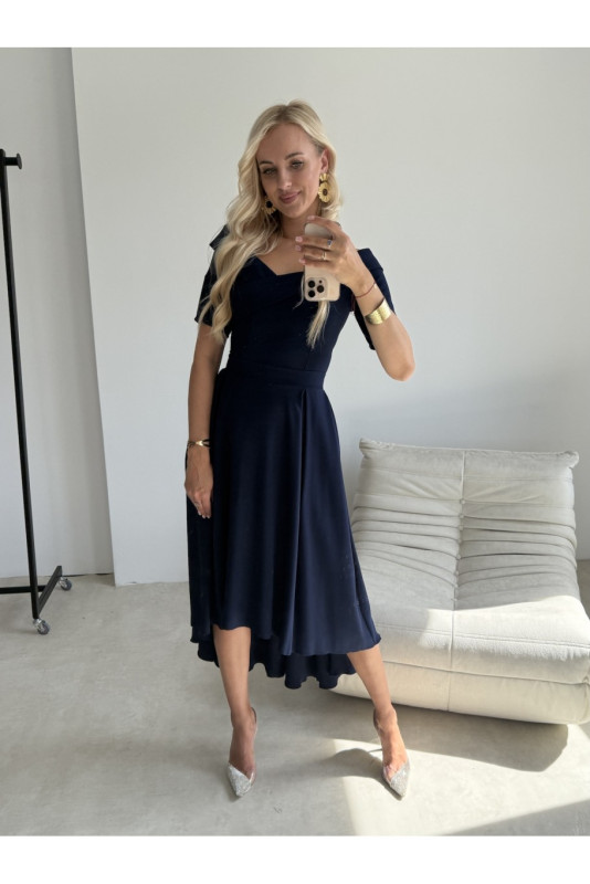Rochie midi bleumarin cu decolteu asimetric