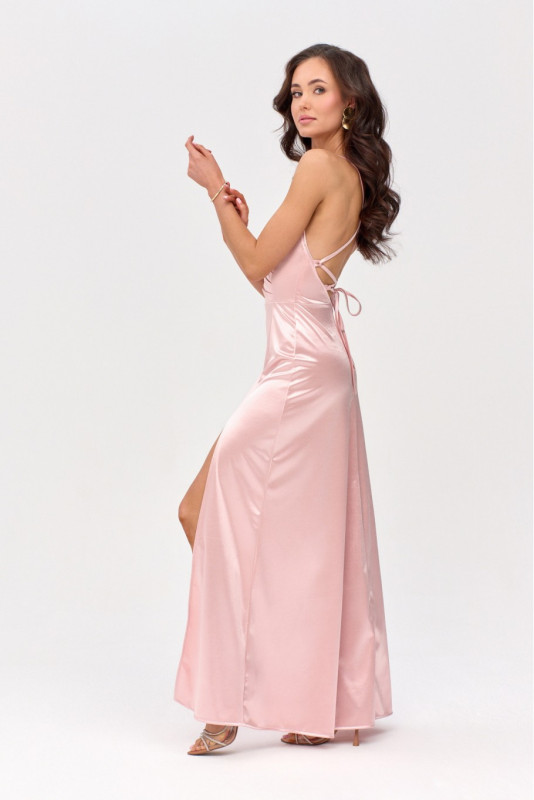Rochie maxi satinată cu legare la spate, roz