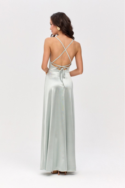 Rochie maxi satinată cu legare la spate, culoare mentă
