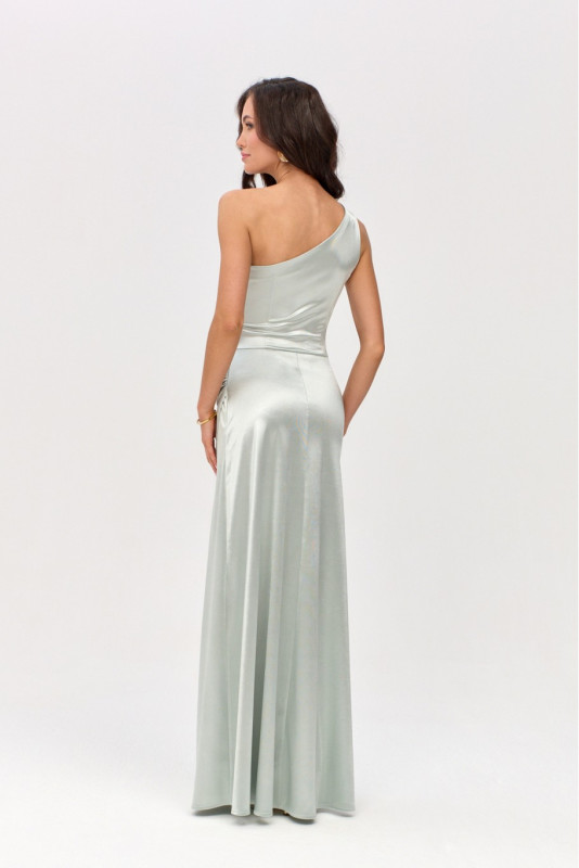 Rochie maxi satinată pe un umăr, culoare mentă