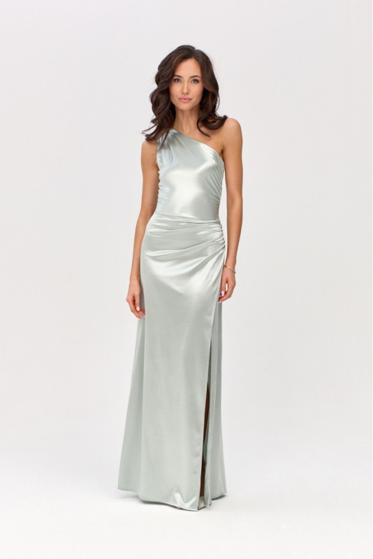 Rochie maxi satinată pe un umăr, culoare mentă