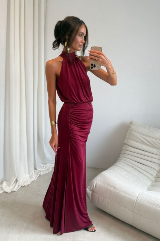 Rochie maxi lungă bordo cu despicătură