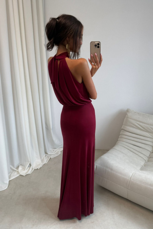 Rochie maxi lungă bordo cu despicătură