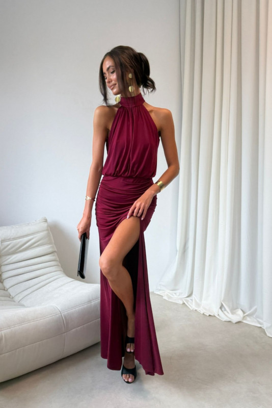 Rochie maxi lungă bordo cu despicătură