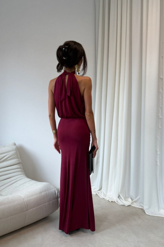 Rochie maxi lungă bordo cu despicătură