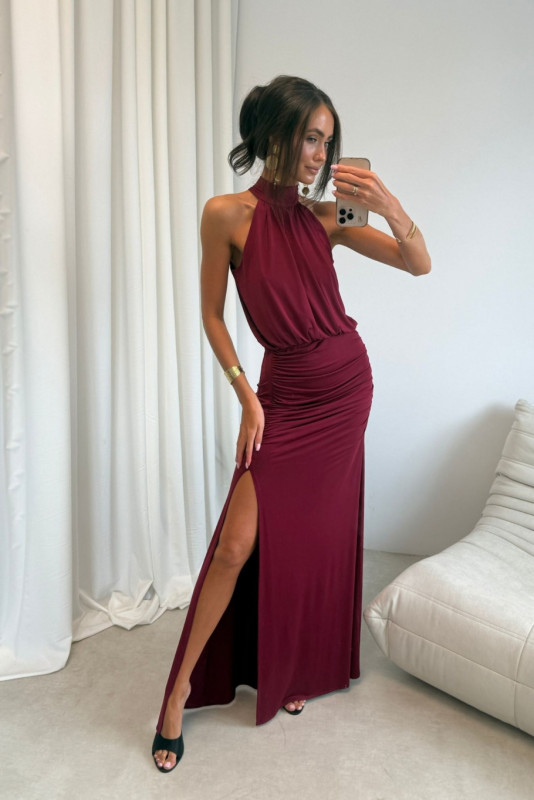 Rochie maxi lungă bordo cu despicătură