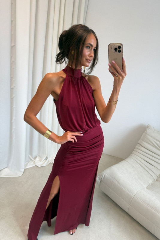 Rochie maxi lungă bordo cu despicătură