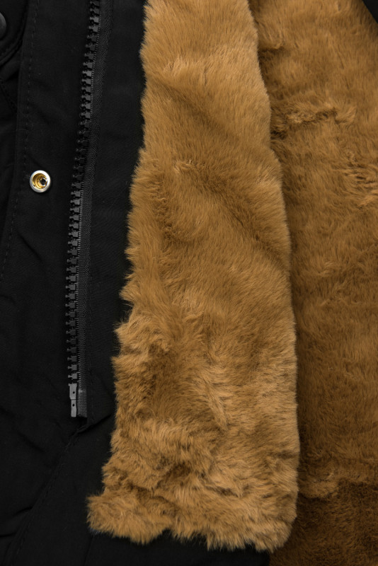 Parka de iarnă neagră cu pluș maro