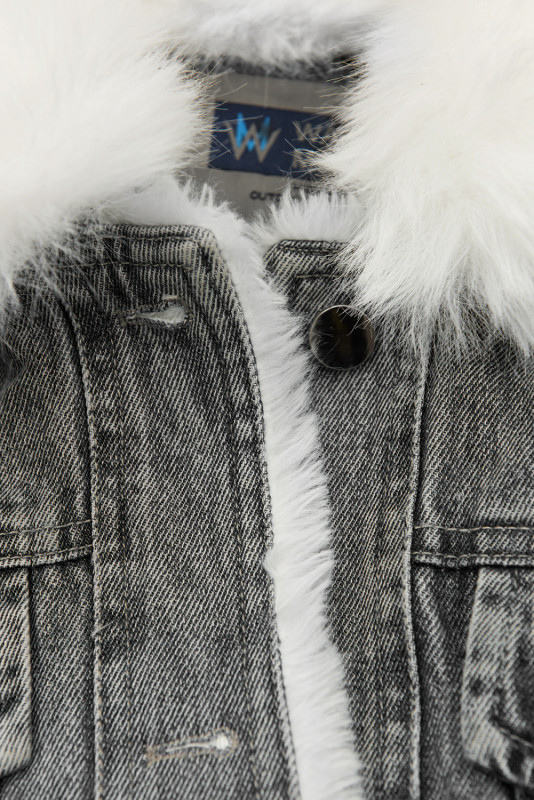 Jachetă gri denim cu blană albă