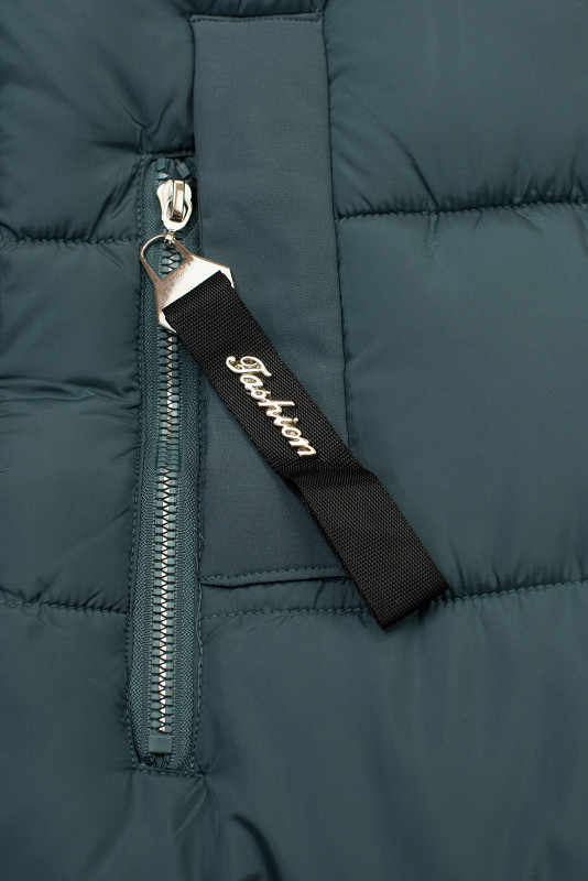 Jachetă lungă de iarnă cu blană, verde petrol