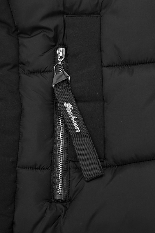 Jachetă lungă de iarnă neagră cu blană