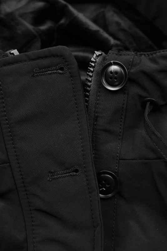 Parka neagră cu blană artificială neagră detașabilă