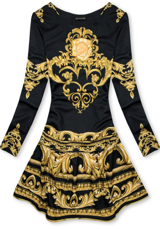 Rochie negru-galben cu imprimeu