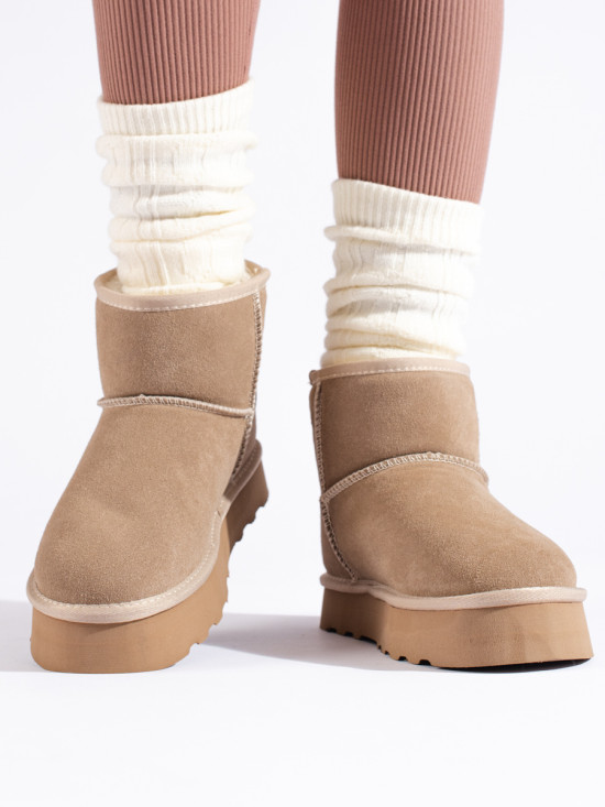 Cizme de zăpadă de damă din piele intoarsă pe platformă bej