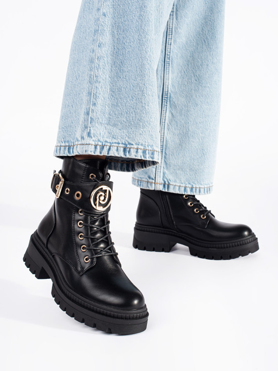 Botine negre pentru femei cu curea decorativă