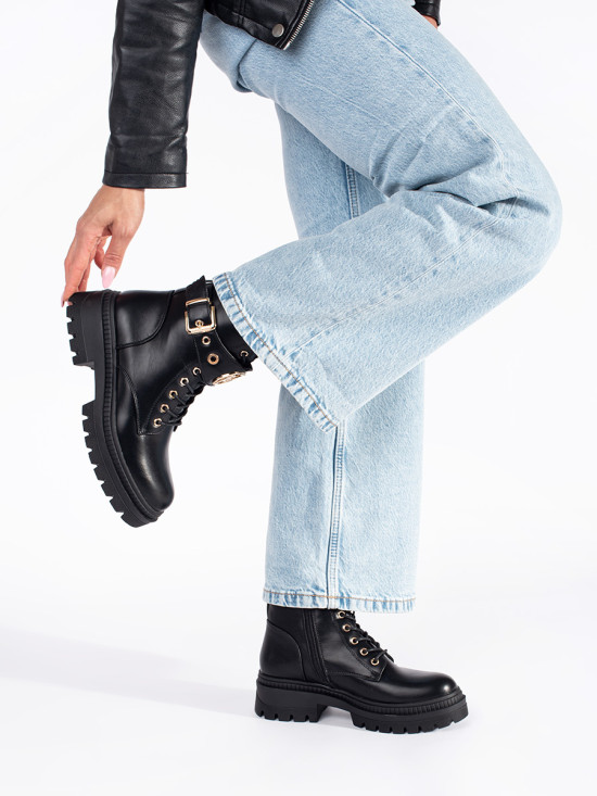Botine negre pentru femei cu curea decorativă