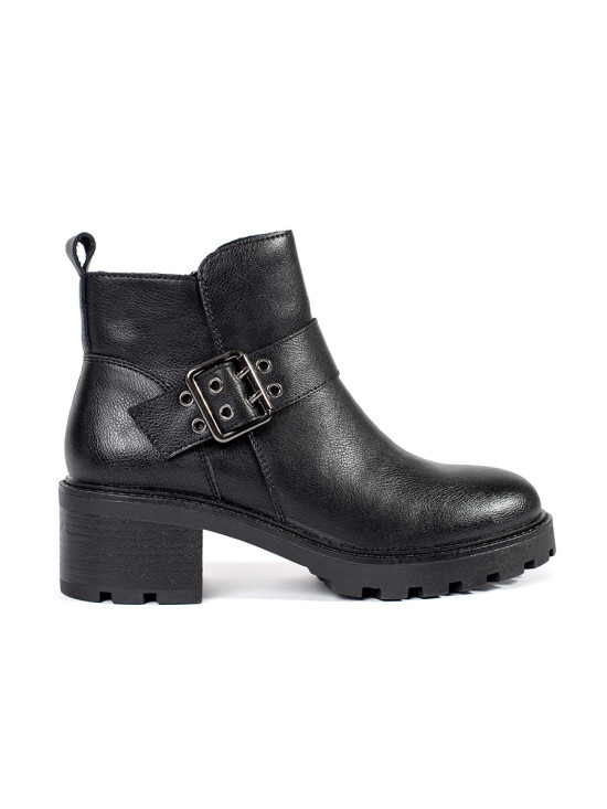 Botine negre din piele cu toc și cataramă decorativă