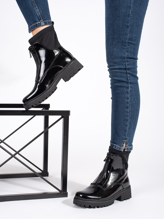 Botine negre lăcuite cu fermoar