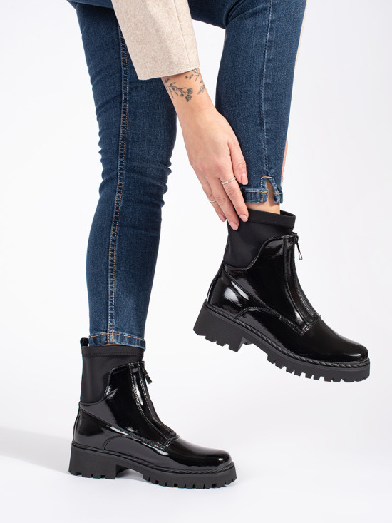 Botine negre lăcuite cu fermoar