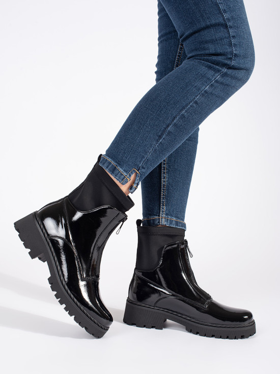 Botine negre lăcuite cu fermoar