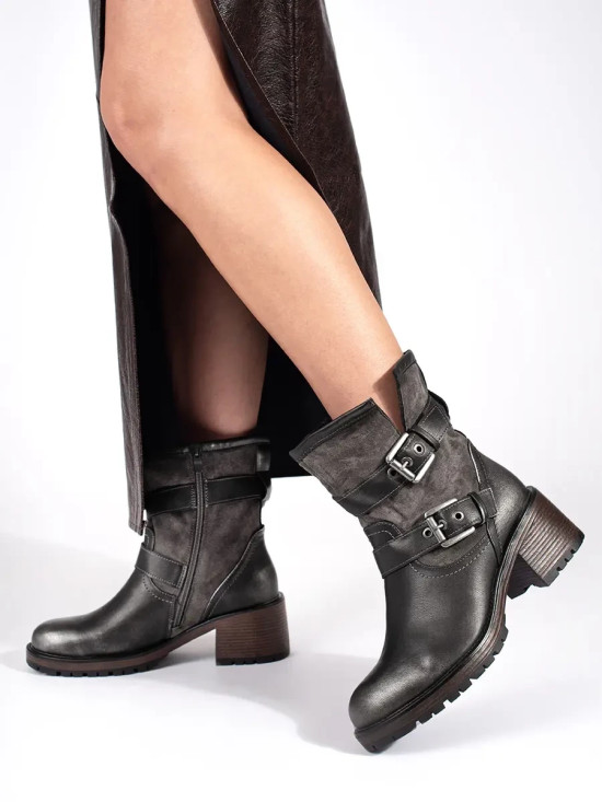Botine metalice maro închis cu toc și catarame