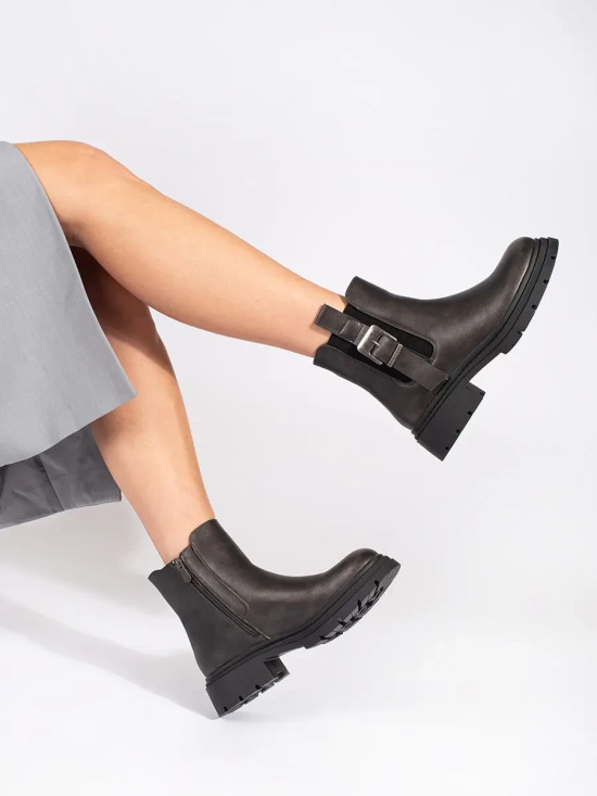 Botine metalice maro închis cu cataramă