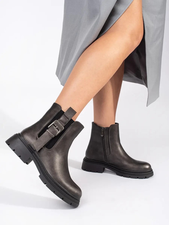 Botine metalice maro închis cu cataramă