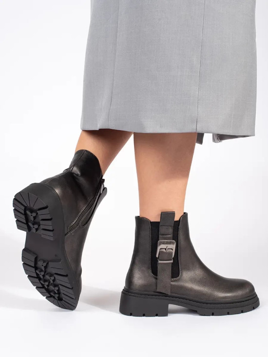 Botine metalice maro închis cu cataramă