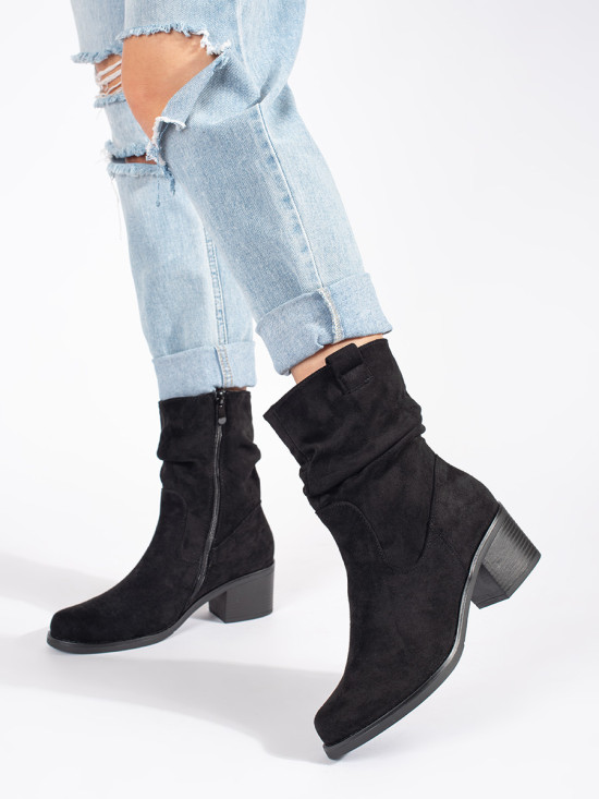 Botine negre pentru femei în stil cowboy cu guler plisat