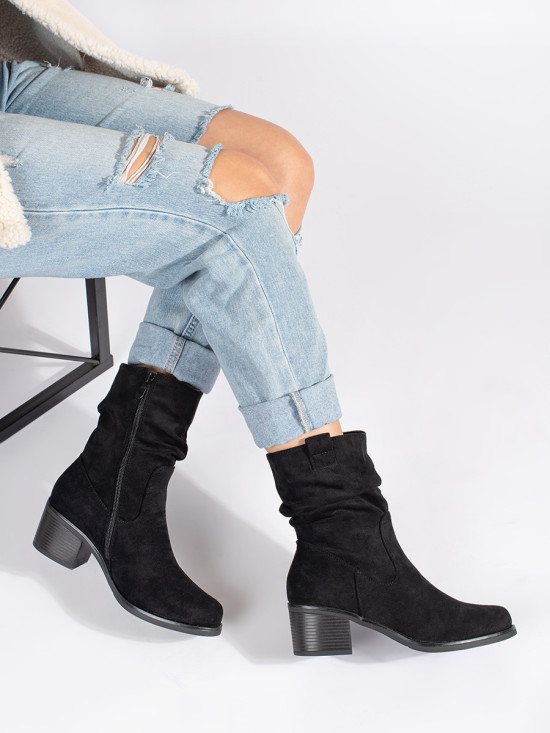 Botine negre pentru femei în stil cowboy cu guler plisat