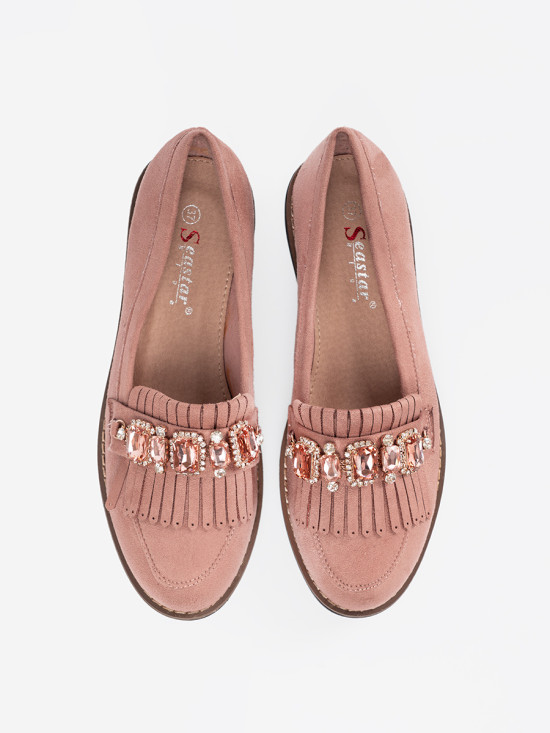 Mocasini roz din suede cu cristale decorative