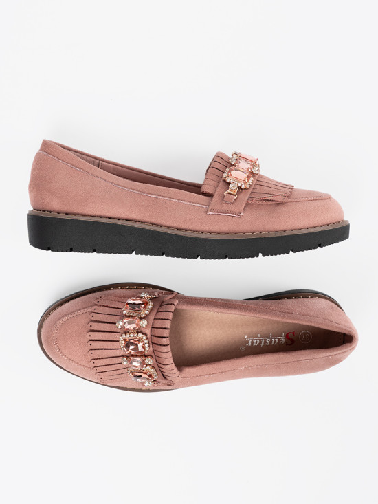 Mocasini roz din suede cu cristale decorative
