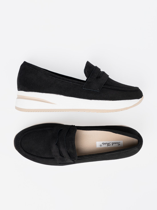 Mocasini negri din suede pe platformă