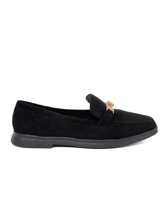 Mocasini negri din suede cu decor elegant auriu