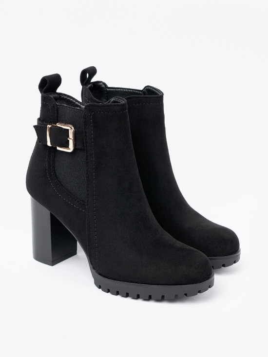 Botine negre cu toc bloc și cataramă decorativă