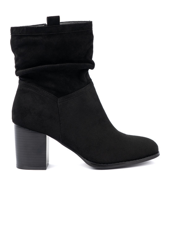 Botine negre din suede cu toc bloc și guler plisat