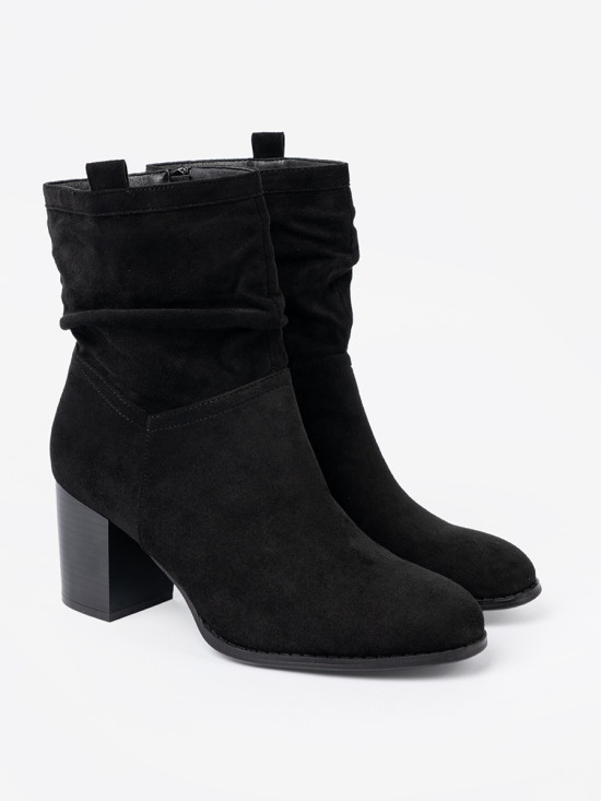 Botine negre din suede cu toc bloc și guler plisat